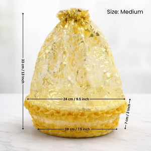Yellow drawstring bag with measurements on a white background