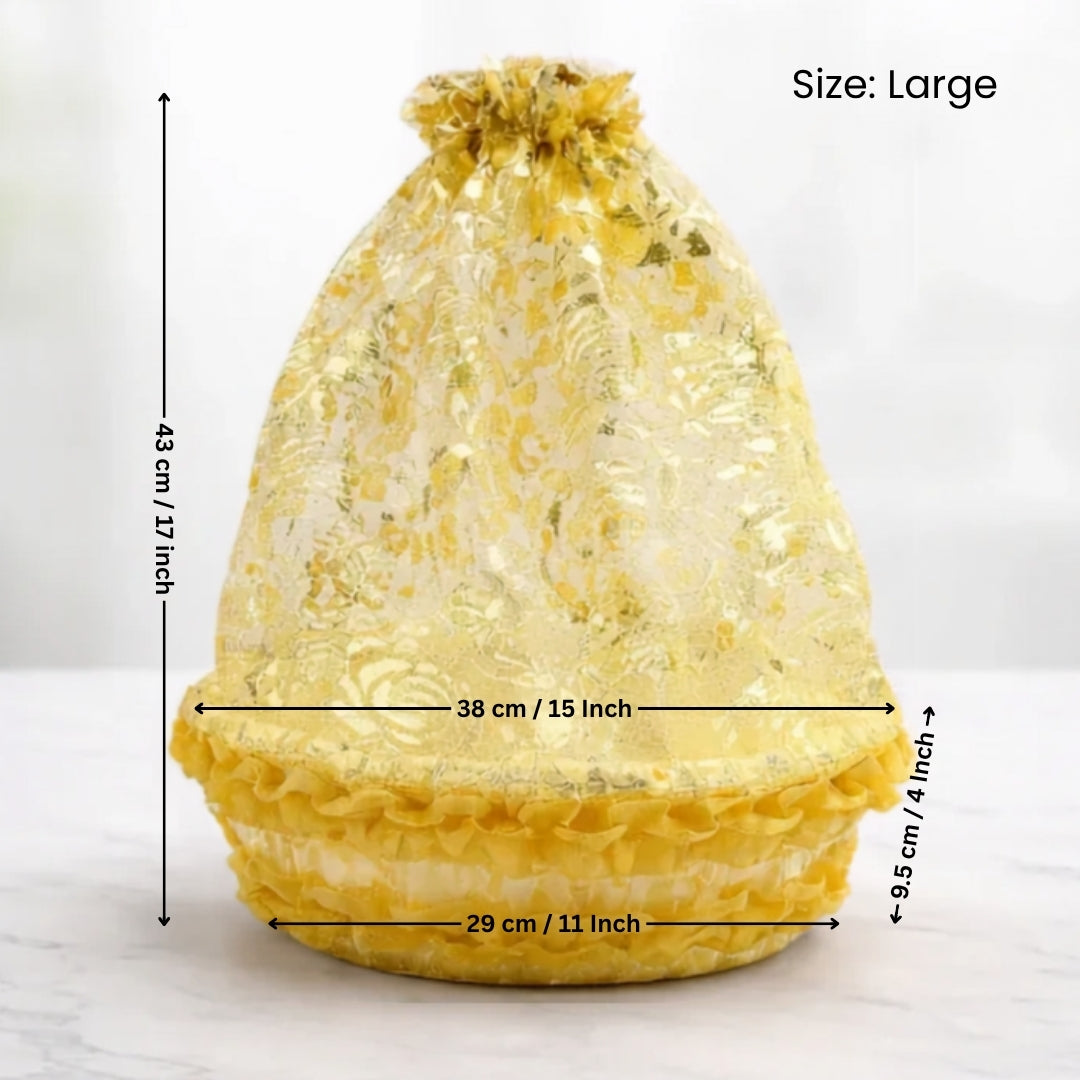 Large yellow drawstring bag with measurements on a white background