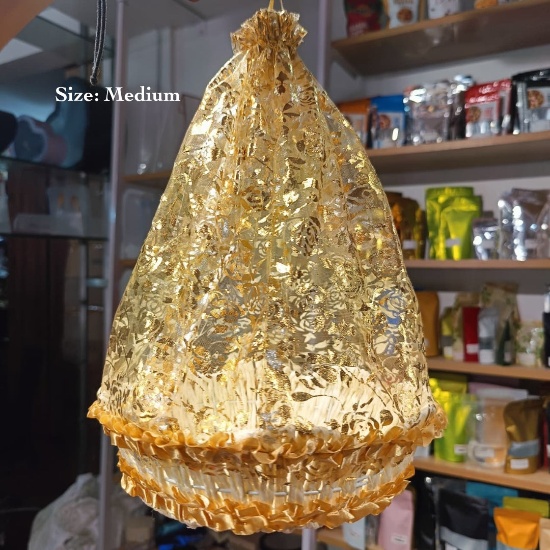 Gold Round Decorative Net Basket with Drawstring Closure | 3 Sizes Available | Pack of 1