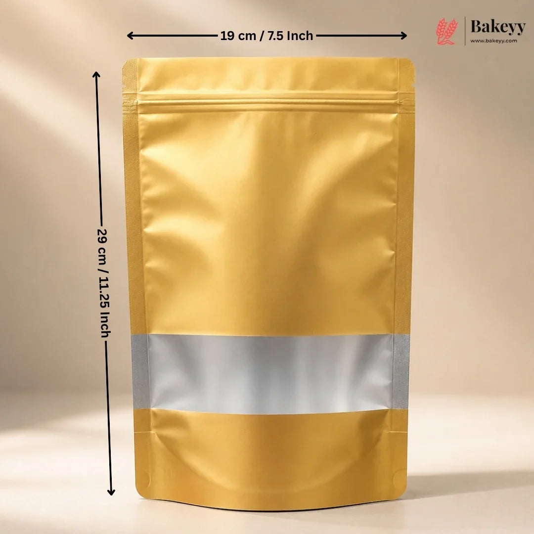 A metallic gold stand-up pouch bag with a reflective silver band around the middle, shown with dimension lines indicating 19 cm (7.5 inches) width and 29 cm (11.