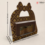 A brown and gold patterned bakery gift box with a clear window and handle, shown with dimension arrows and labels indicating 24.5 cm height, 17.