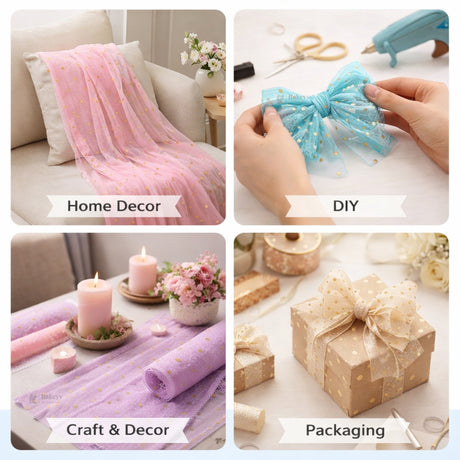 Golden Polka Dot Mesh Fabric | Decorative Net Cloth | Multiple Colors Available | Pack of 1