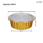 A gold foil round food tray with a clear plastic lid, shown with dimension lines and text indicating a capacity of 450ml, 12.5 cm width, 5 cm height, and 9.