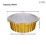 A gold aluminum food tray with a clear plastic lid, shown with dimension lines and text indicating a capacity of 650ml, with a Bakeey brand logo in the top right corner.