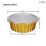 A gold aluminum food tray with a clear plastic lid, shown with dimension lines and text indicating a capacity of 650ml, with a Bakeey brand logo in the top right corner.
