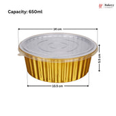 A gold aluminum food tray with a clear plastic lid, shown with dimension lines and text indicating a capacity of 650ml, with a Bakeey brand logo in the top right corner.