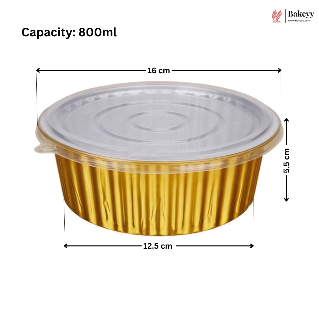 A gold aluminum round food tray with a clear plastic lid, shown with dimension lines and text indicating a capacity of 800ml, 16 cm width, 12.5 cm depth, and 5.