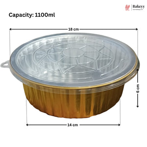 A round aluminum foil tray with a clear plastic lid, shown with dimension lines and text indicating a capacity of 1100ml, 18 cm width, 14 cm diameter, and 6 cm height. The Bakeey logo is visible in the top right corner.