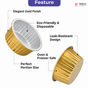 Two gold disposable foil cup lids shown on a white background with feature callouts and text including 'Elegant Gold Finish,' 'Eco-Friendly & Disposable,' 'Leak-Resistant Design,' 'Oven & Freezer Safe,' and 'Perfect Portion Size.' A Bakeey logo appears in the top right.