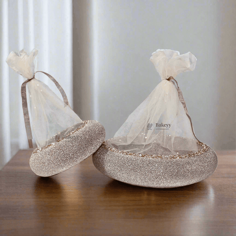Golden - Brown | Round Velvet Gift Hamper | Luxuriously Embellished Decorative Basket - Bakeyy.com - India - Golden - Brown | Round Velvet Gift Hamper | Luxuriously Embellished Decorative Basket - Extra Small