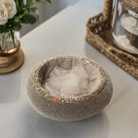 Golden - Brown | Round Velvet Gift Hamper | Luxuriously Embellished Decorative Basket - Bakeyy.com - India - Golden - Brown | Round Velvet Gift Hamper | Luxuriously Embellished Decorative Basket - Extra Small