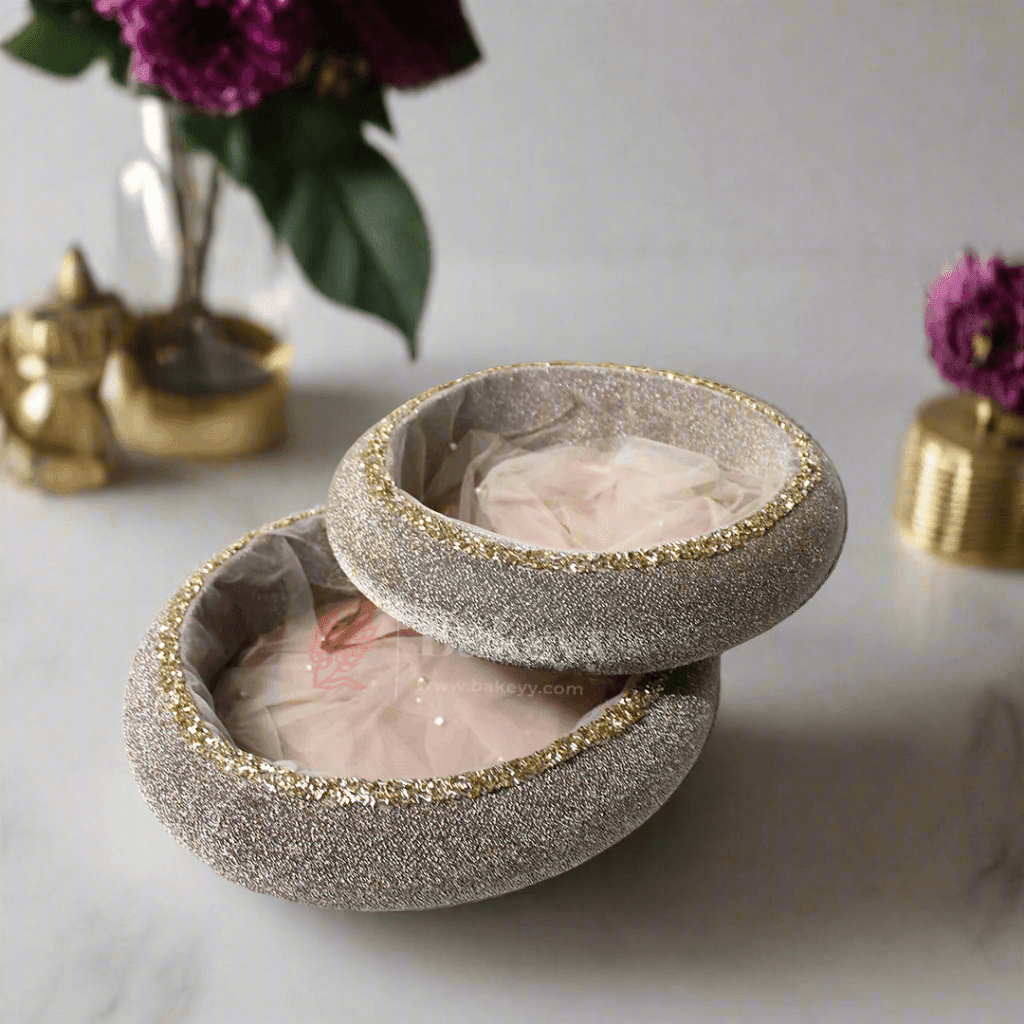 Golden - Brown | Round Velvet Gift Hamper | Luxuriously Embellished Decorative Basket - Bakeyy.com - India - Golden - Brown | Round Velvet Gift Hamper | Luxuriously Embellished Decorative Basket - Extra Small
