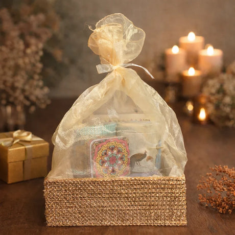 Premium look: Gold textured hamper base with a soft, elegant organza cover
Ready-to-gift: Includes organza bag + tie ribbon for quick packing
Sturdy base: Rigid tray holds jars, sweets, dry fruits, chocolates, and more
Reusable: Can be reused for storage and gifting multiple times
Perfect for: Diwali, weddings, trousseau, birthdays, corporate hampers, festive gifting