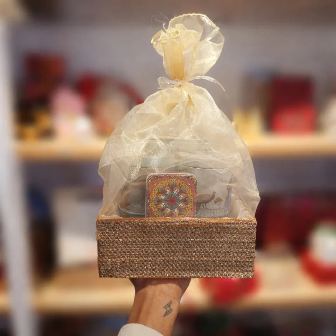 Premium look: Gold textured hamper base with a soft, elegant organza cover
Ready-to-gift: Includes organza bag + tie ribbon for quick packing
Sturdy base: Rigid tray holds jars, sweets, dry fruits, chocolates, and more
Reusable: Can be reused for storage and gifting multiple times
Perfect for: Diwali, weddings, trousseau, birthdays, corporate hampers, festive gifting