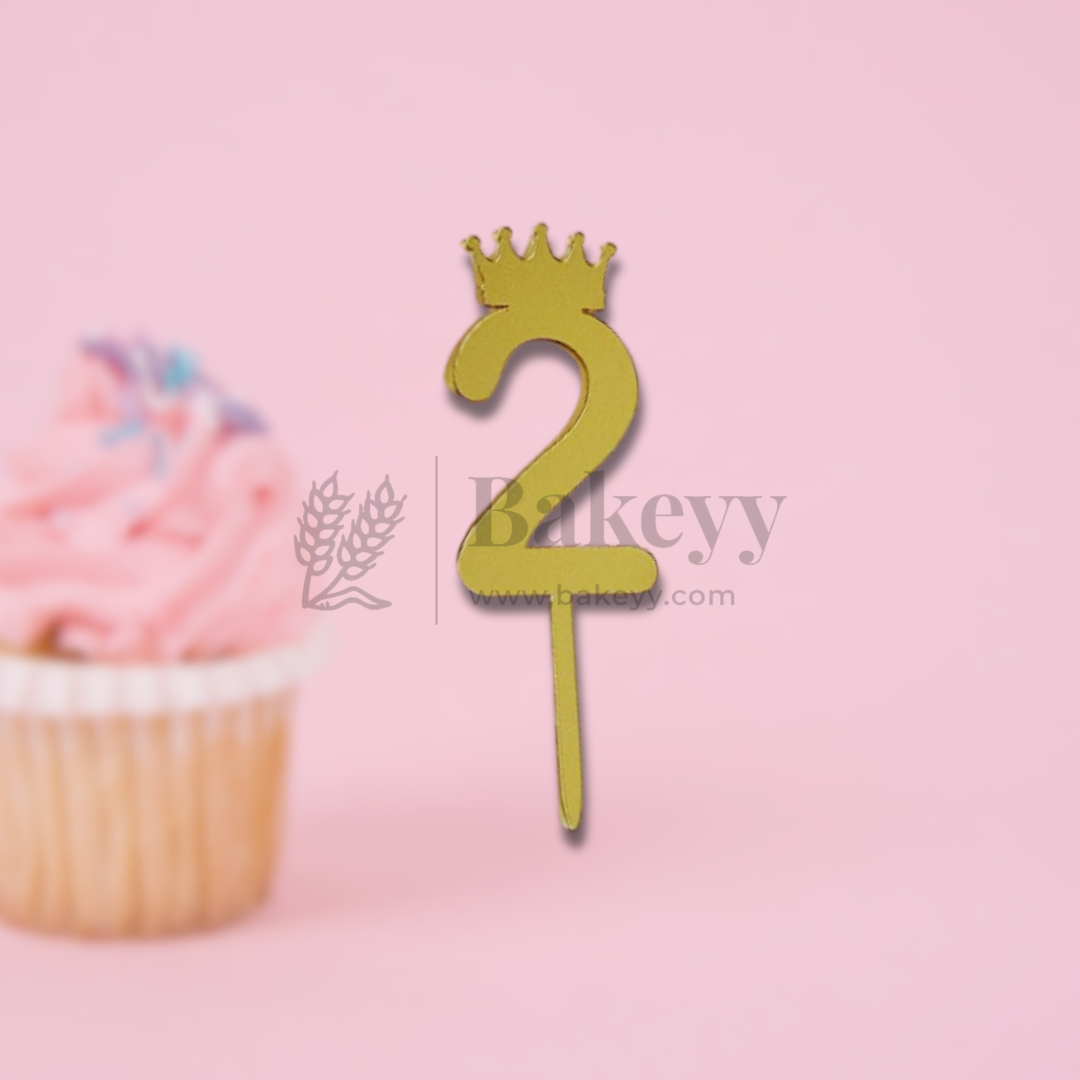 3 Inch | Golden Number 2 Cake Topper with Tiara | 1 Piece