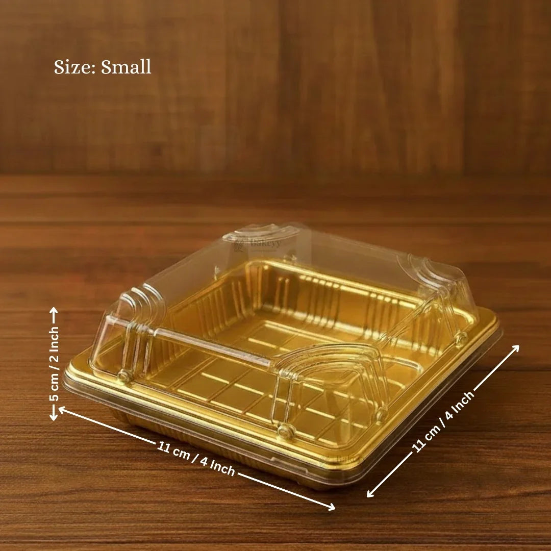 Golden_Square_PET_Dessert_Container_with_Gold_and_Black_Base - Bakeyy.com