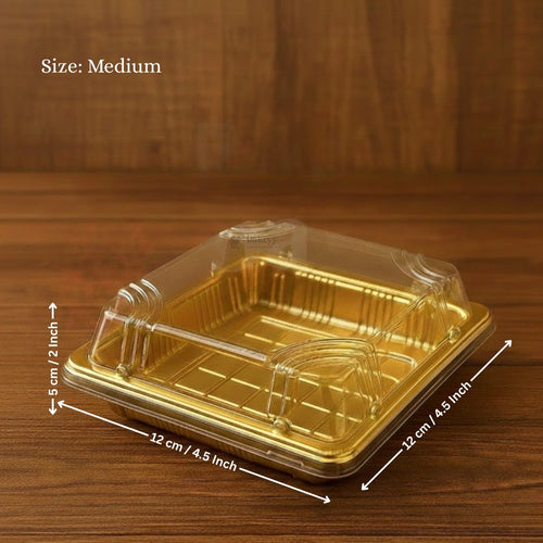 Golden Square PET Dessert Container with Gold and Black Base | Pack of 50