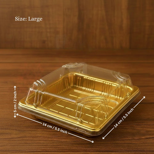 Golden Square PET Dessert Container with Gold and Black Base | Pack of 50