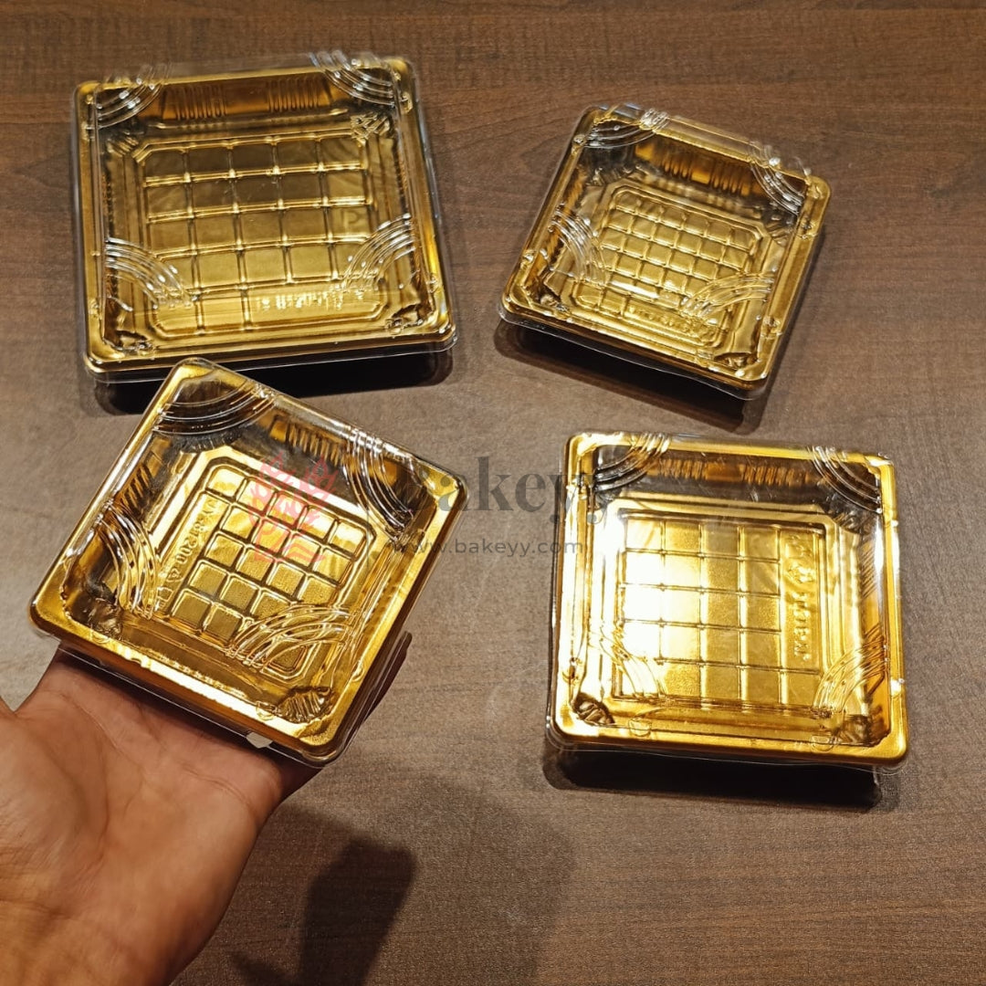 Golden Square PET Dessert Container with Gold and Black Base | Pack of 50