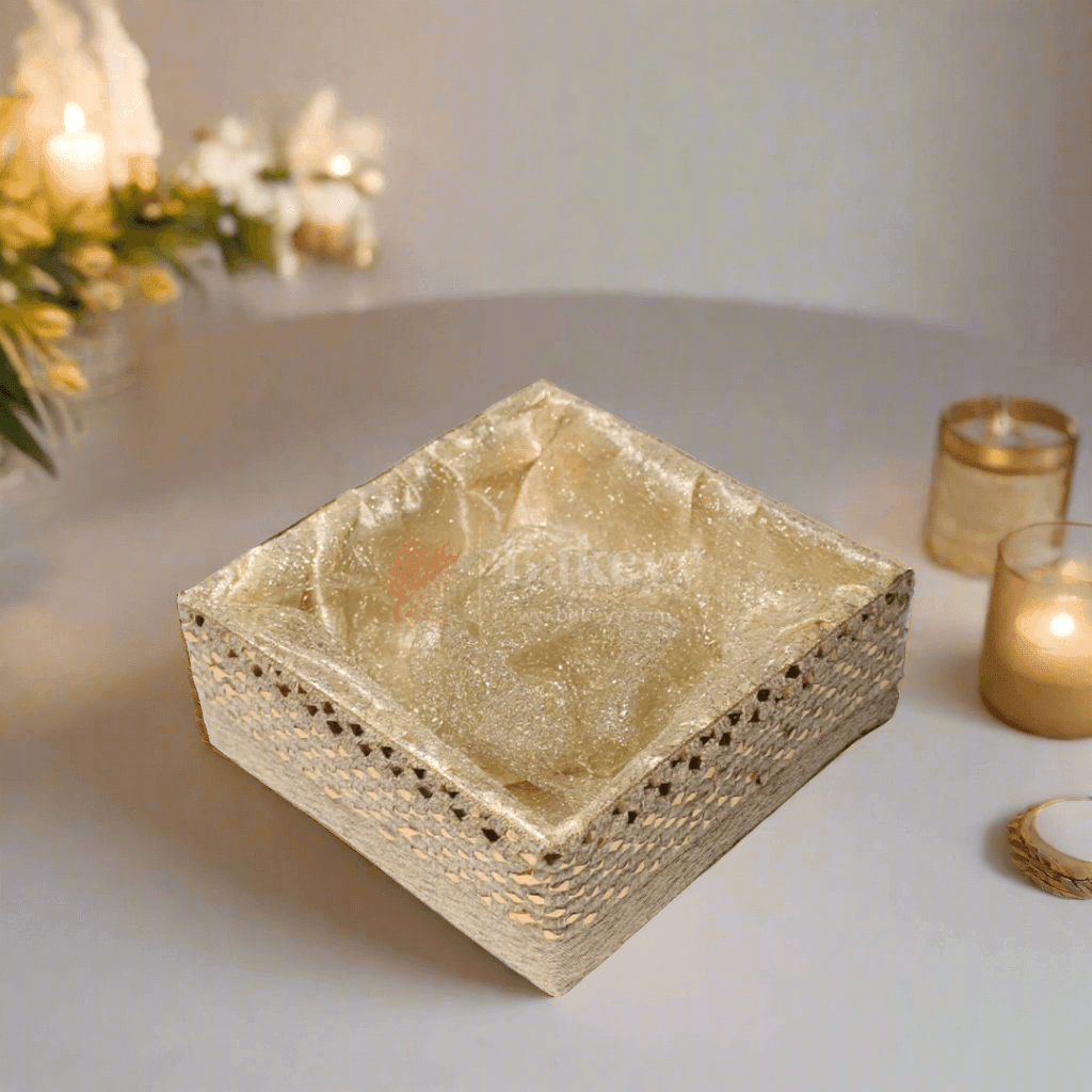 Erratic Golden Square Woven Hamper | Elegant Gifting Basket - Bakeyy.com - India - Erratic Golden Square Woven Hamper | Elegant Gifting Basket - Small-8 Inch