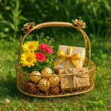 Decorative Gold Metal Hamper Basket For Gifting Oval with Handle | 1 Piece