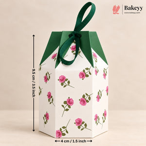 Rose Printed Gift Box with Green Ribbon – 9.5x4x4cm Favor Box for Chocolates, Sweets & Diwali Return Gifts| Pack of 10