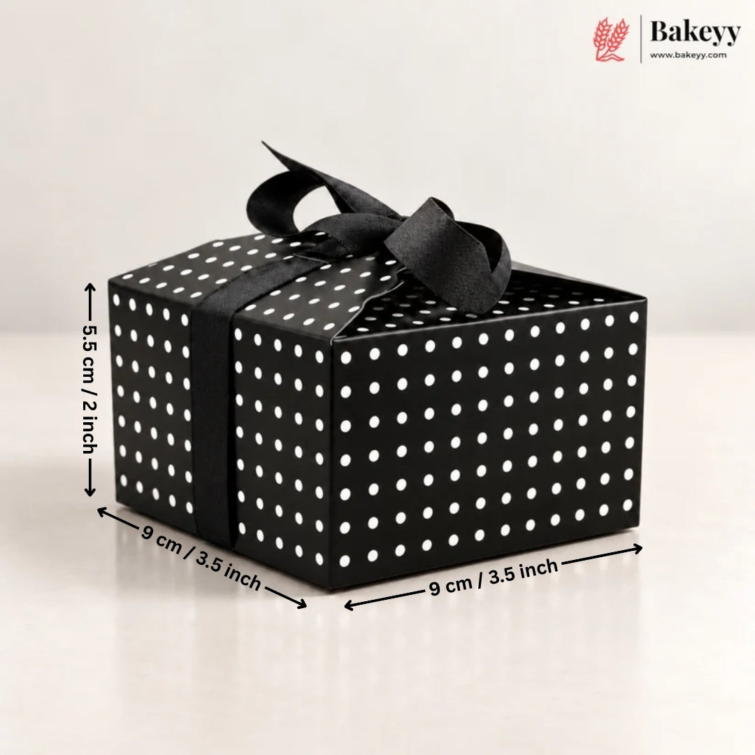 Cube Black with White Polka Dot Ribbon Gift Box – 9 x 9 x 5.5 cm | Festive & Diwali Favor Packaging| Pack of 10
