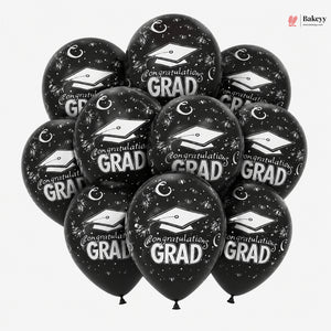 Black balloons with 'Congratulations Grad' text and graduation caps on a white background