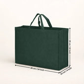 Green tote bag with measurements on a white background