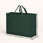 Green tote bag with dimensions indicated on a white background