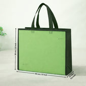 Green tote bag with dimensions on a white background