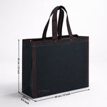 Black tote bag with measurements on a white background