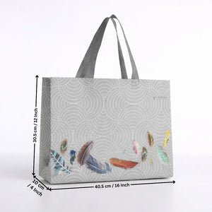 GreyPatternedLaminatedCarryBagwithFeatherArtwork_1 - Bakeyy.com