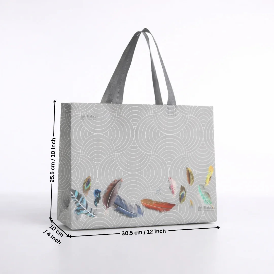 GreyPatternedLaminatedCarryBagwithFeatherArtwork_2 - Bakeyy.com