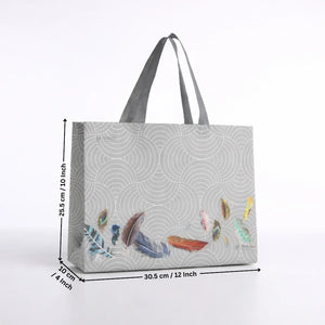 GreyPatternedLaminatedCarryBagwithFeatherArtwork_2 - Bakeyy.com