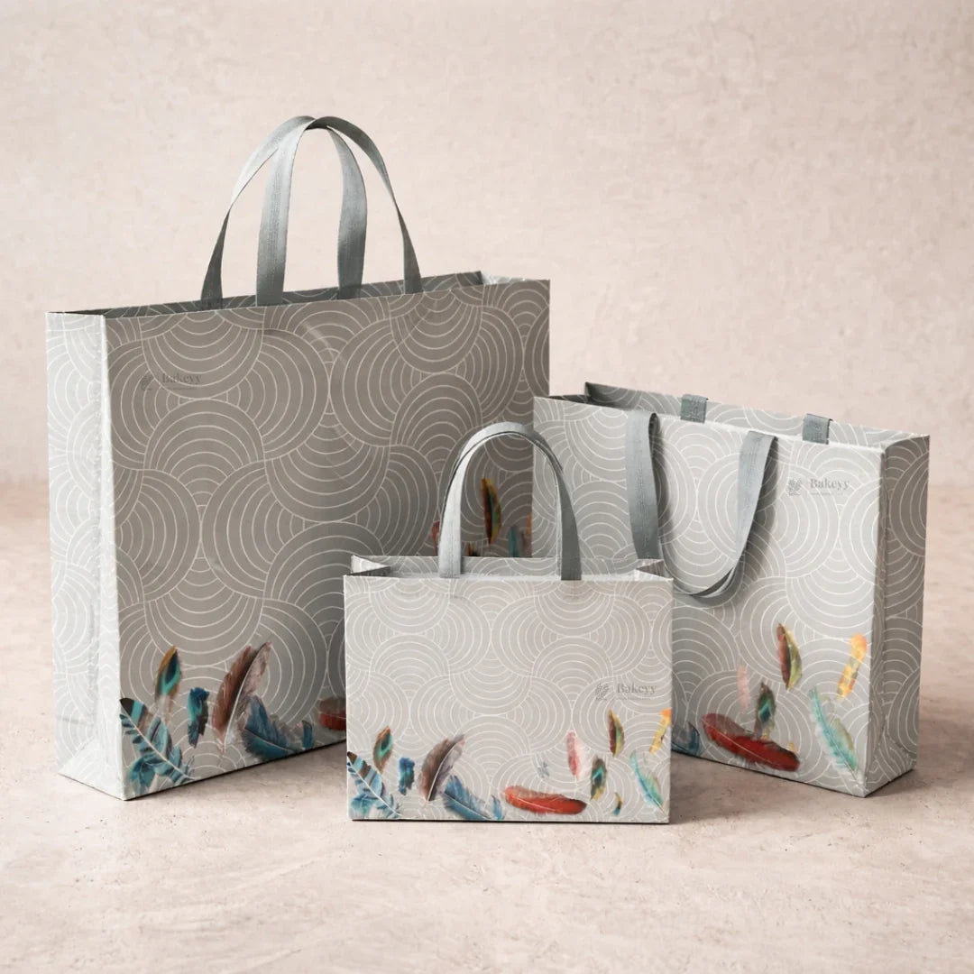 GreyPatternedLaminatedCarryBagwithFeatherArtwork_4 - Bakeyy.com