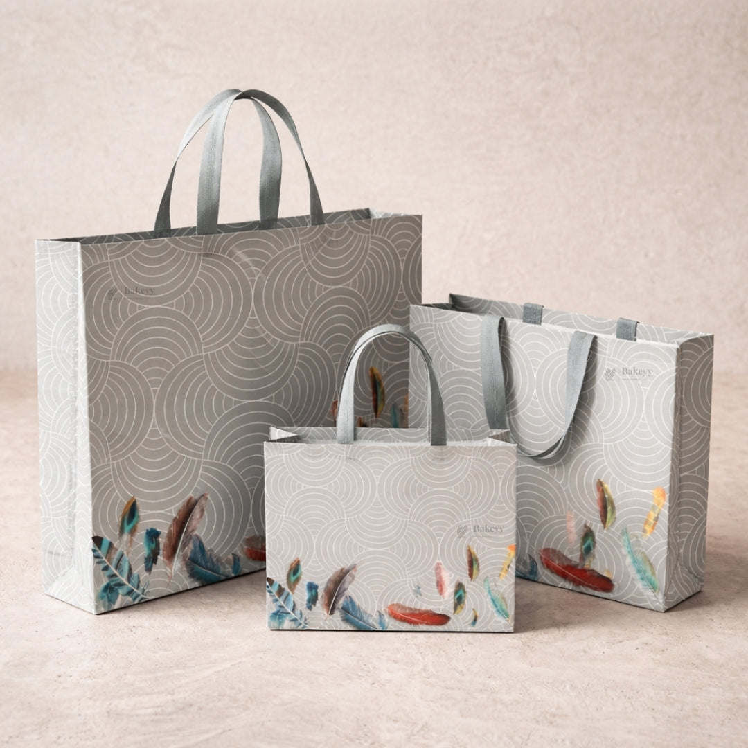Grey Patterned Laminated Carry Bag with Feather Artwork | 3 Size Options | Pack of 50