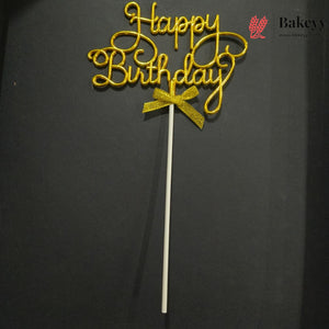 8.5 Inch | Metallic Gold Happy Birthday Cake Topper with Ribbon | Metallic Gold | 1 Piece