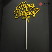 8.5 Inch | Metallic Gold Happy Birthday Cake Topper with Ribbon | Metallic Gold | 1 Piece