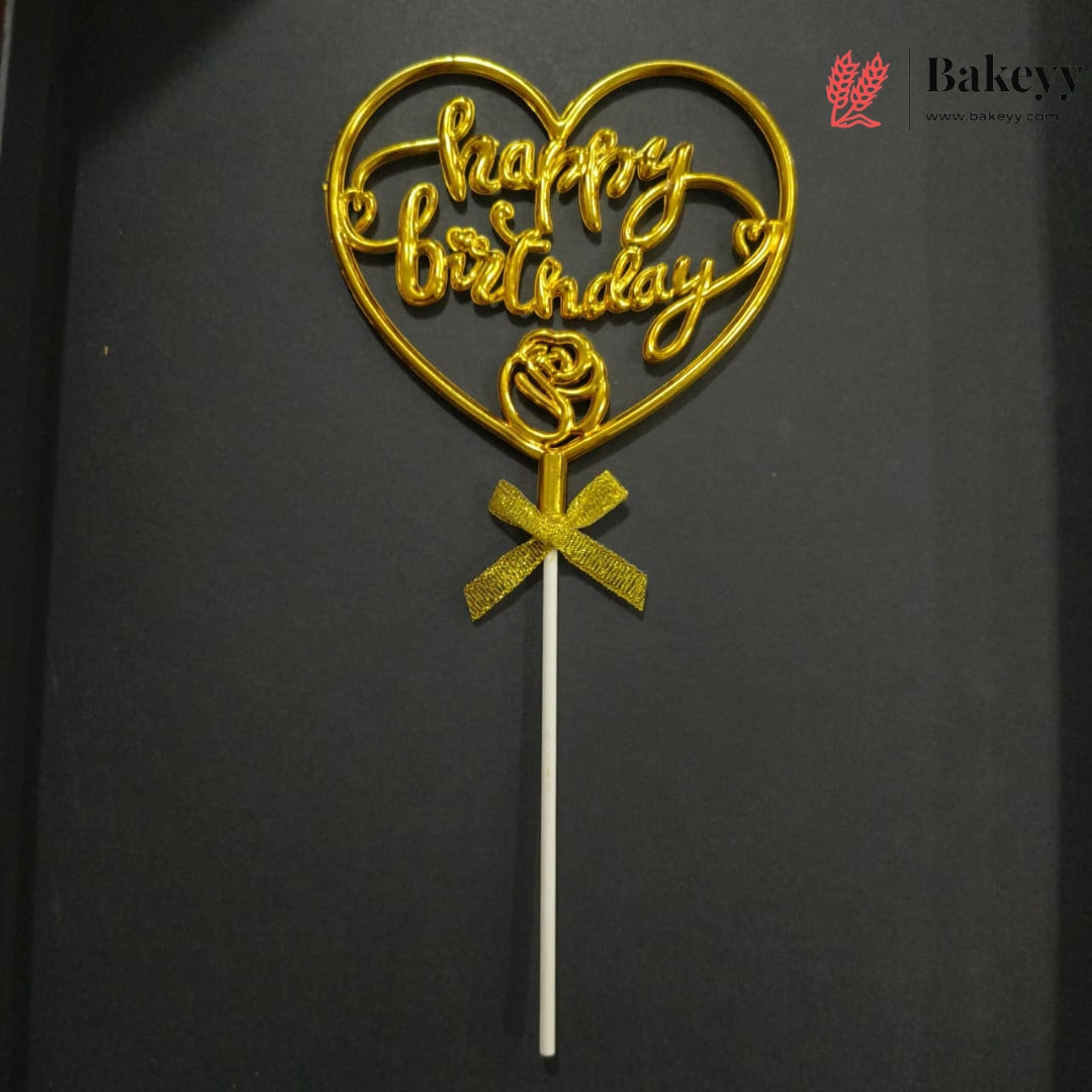 8.5 Inch | Metallic Gold Happy Birthday Cake Topper with Ribbon | Metallic Gold | 1 Piece