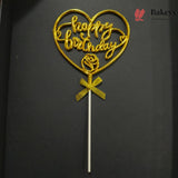 8.5 Inch | Metallic Gold Happy Birthday Cake Topper with Ribbon | Metallic Gold | 1 Piece