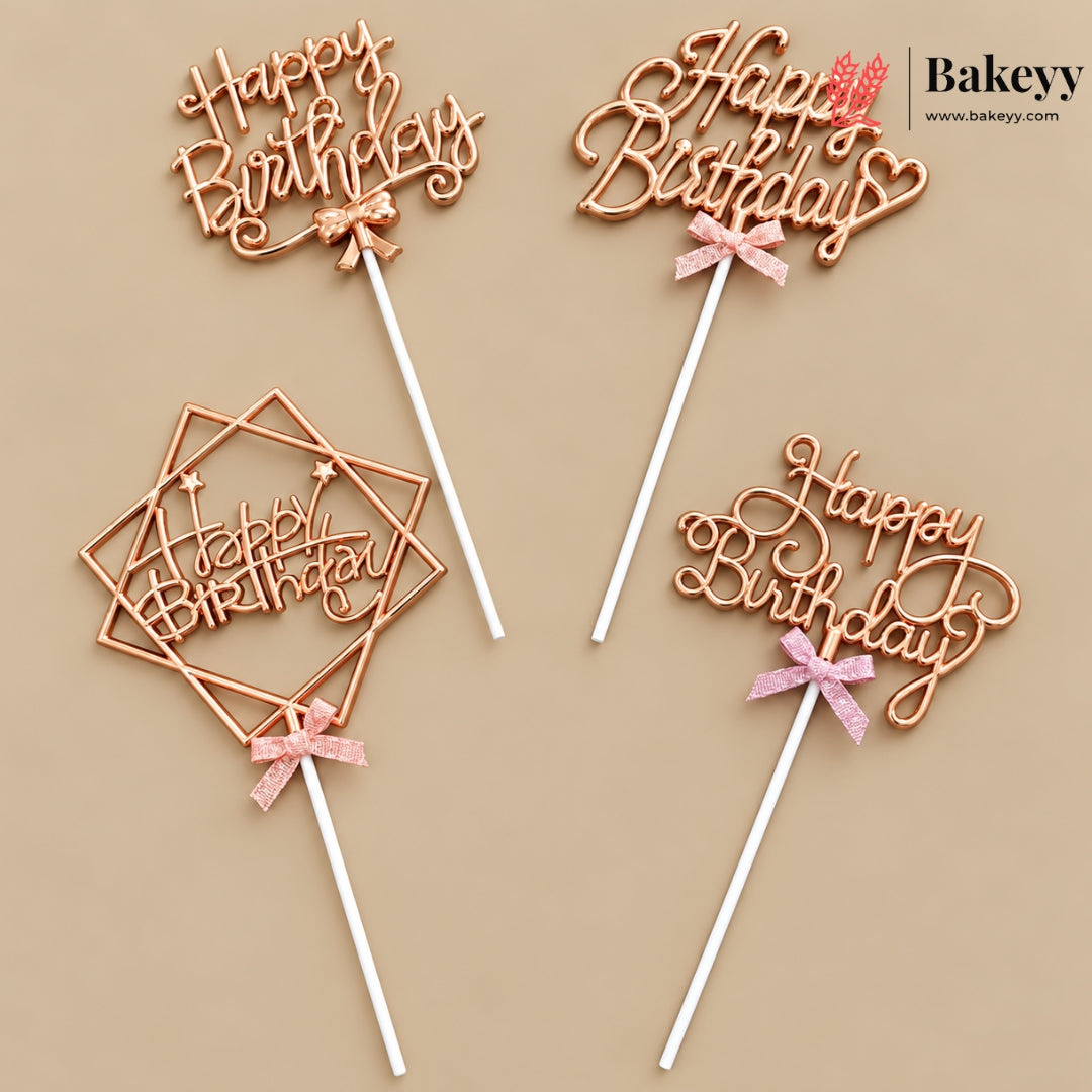 8.5 Inch | Metallic Rose Gold Happy Birthday Cake Topper with Ribbon | Metallic Rose Gold | 1 Piece
