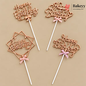 8.5 Inch | Metallic Rose Gold Happy Birthday Cake Topper with Ribbon | Metallic Rose Gold | 1 Piece
