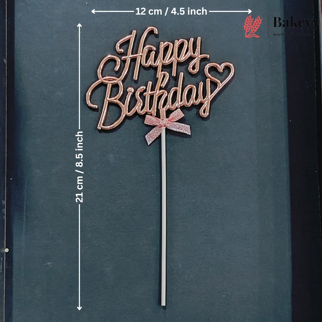8.5 Inch | Metallic Rose Gold Happy Birthday Cake Topper with Ribbon | Metallic Rose Gold | 1 Piece