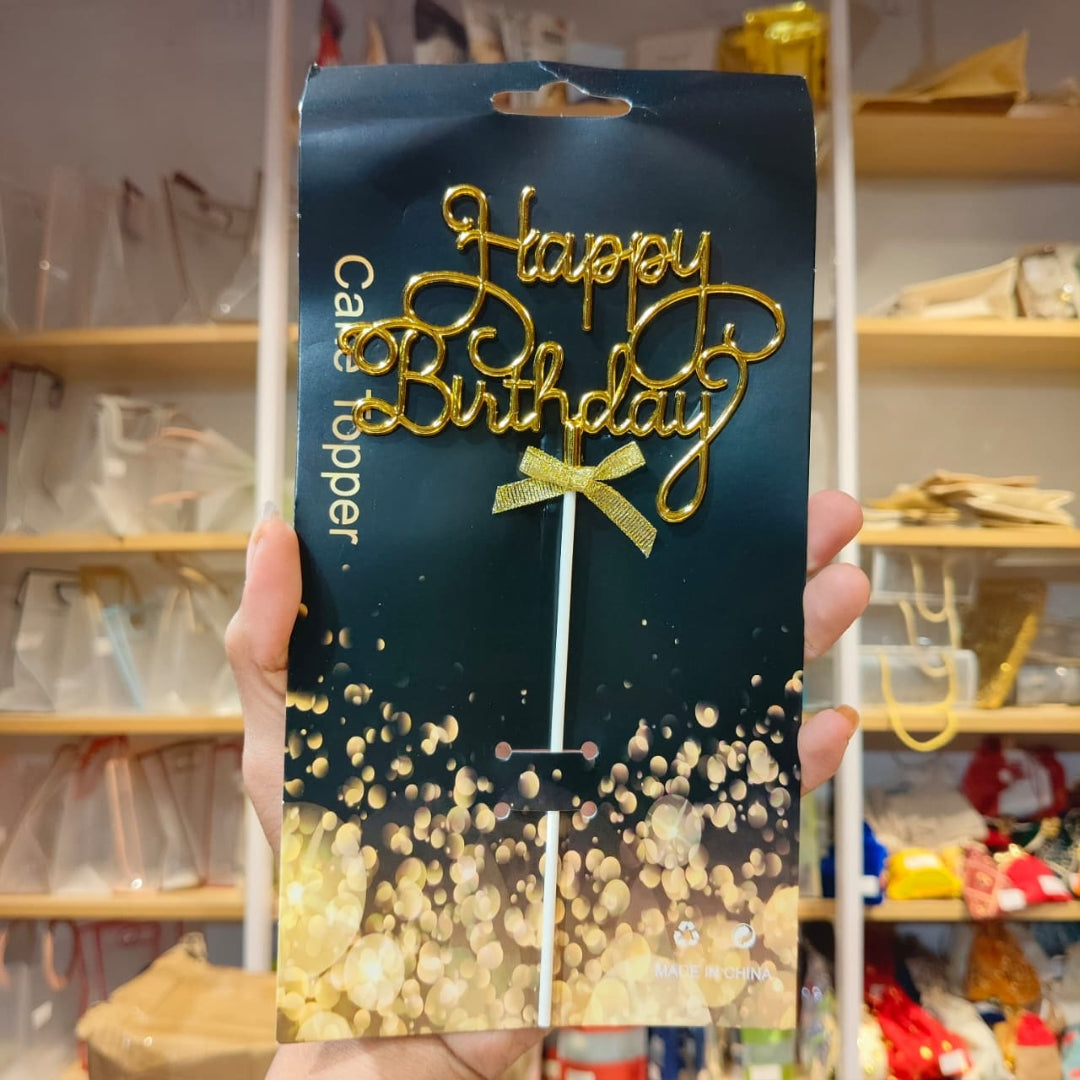 8.5 Inch | Metallic Gold Happy Birthday Cake Topper with Ribbon | Metallic Gold | 1 Piece