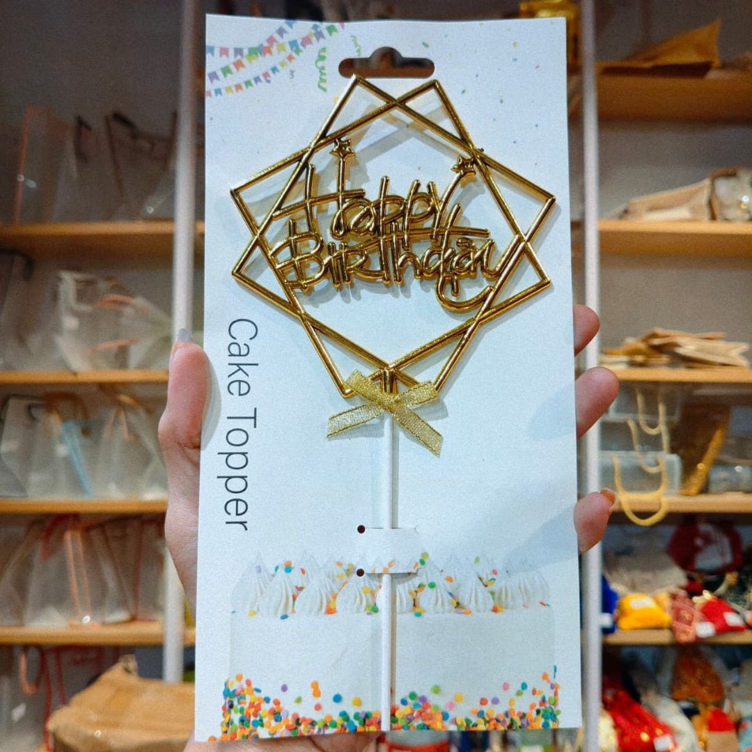 8.5 Inch | Metallic Gold Happy Birthday Cake Topper with Ribbon | Metallic Gold | 1 Piece