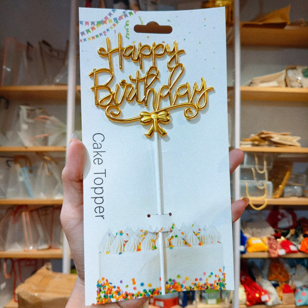 8.5 Inch | Metallic Gold Happy Birthday Cake Topper with Ribbon | Metallic Gold | 1 Piece