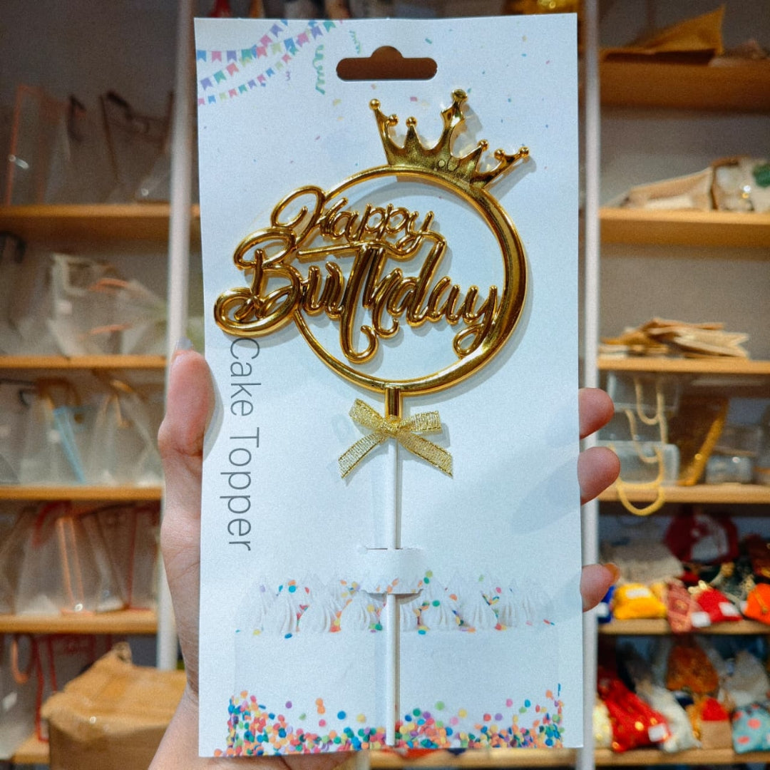 8.5 Inch | Metallic Gold Happy Birthday Cake Topper with Ribbon | Metallic Gold | 1 Piece