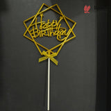 8.5 Inch | Metallic Gold Happy Birthday Cake Topper with Ribbon | Metallic Gold | 1 Piece