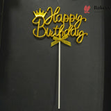 8.5 Inch | Metallic Gold Happy Birthday Cake Topper with Ribbon | Metallic Gold | 1 Piece
